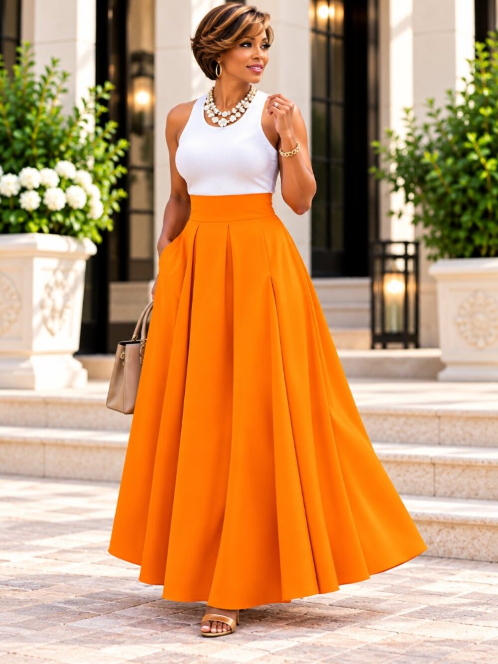 Orange High Waist Pleated A-Line Maxi Skirt XXL 14 Full Flowy Casual - Picture 2 of 6